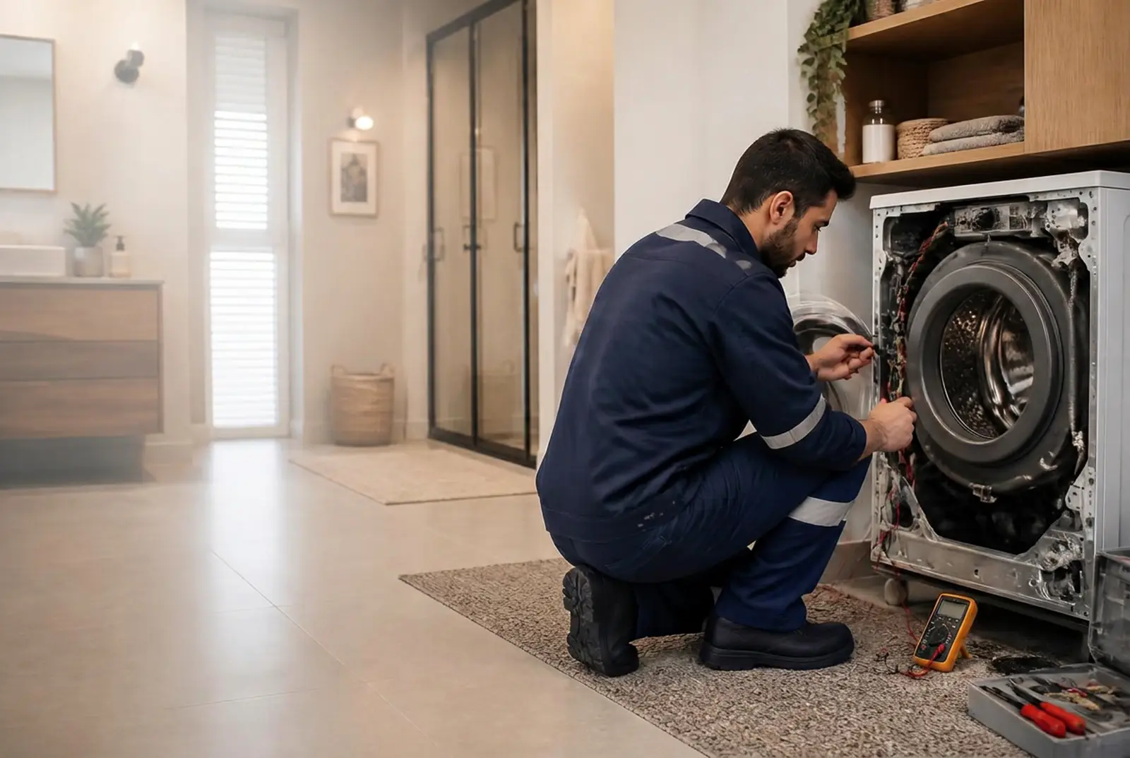 Ankara beyaz eşya servisi teknisyeni evde çamaşır makinesi tamiri yapıyor